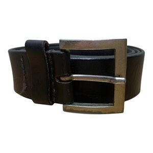 Men's Black Leather Belt With Square Silver Metal Buckle